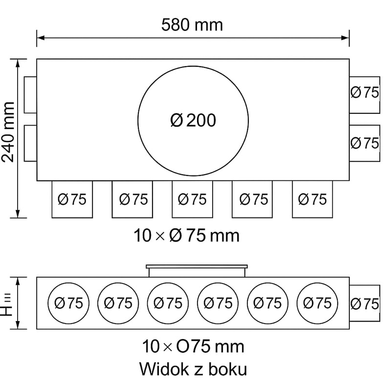 Rozdzielacz przelotowy jednorzędowy Premium 10x75mm / Ø200mm z izolacją wewnętrzną